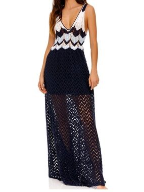 Agua Bendita Sz M Dress Navy Blue White Crochet Maxi Deep V-Neck Boho Vacation。